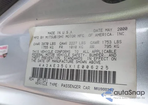 2001 Mitsubishi Eclipse Spyder Gs из США, поврежденный, VIN 4A3AE35GX1E006225